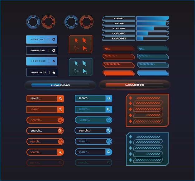 Sci fi futuristische UI-elementen instellen vector pictogrammen knoppen laden voortgangsbalk muispijlen