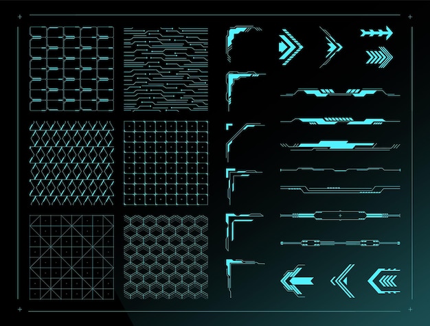 Sci fi UI ontwerpelementen Cyberpunk raster achtergrond texturen futuristische scheidingslijn randen abstracte HUD hoeken en pijlen vector set