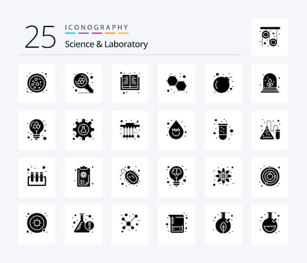 Vector science 25 solid glyph icon pack including growth virus knowledge skull molecule