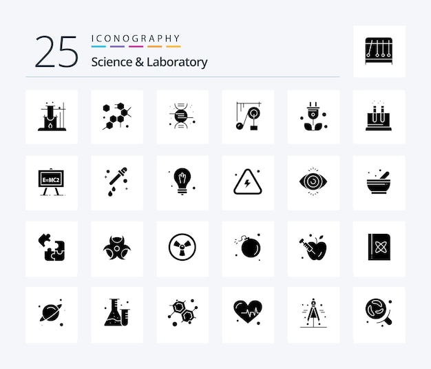 Vettore pacchetto di icone science 25 solid glyph che include la macchina scientifica dell'albero della scienza verde da laboratorio