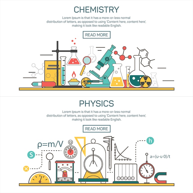 Science banner vector concepts in line style. Chemistry and Physics design elements. Laboratory workspace and science equipment.