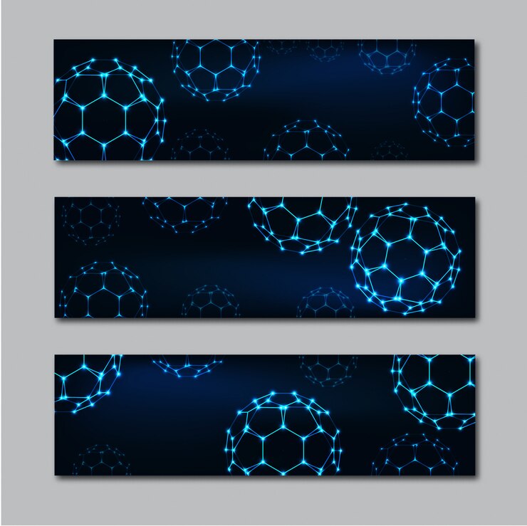 Vector science banners with buckyball fullerene molecules.