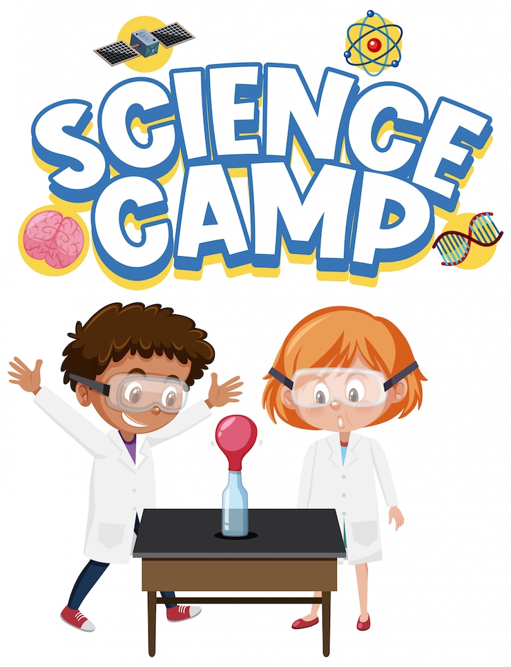 Vector science camp logo and two kids wearing scientist costume isolated