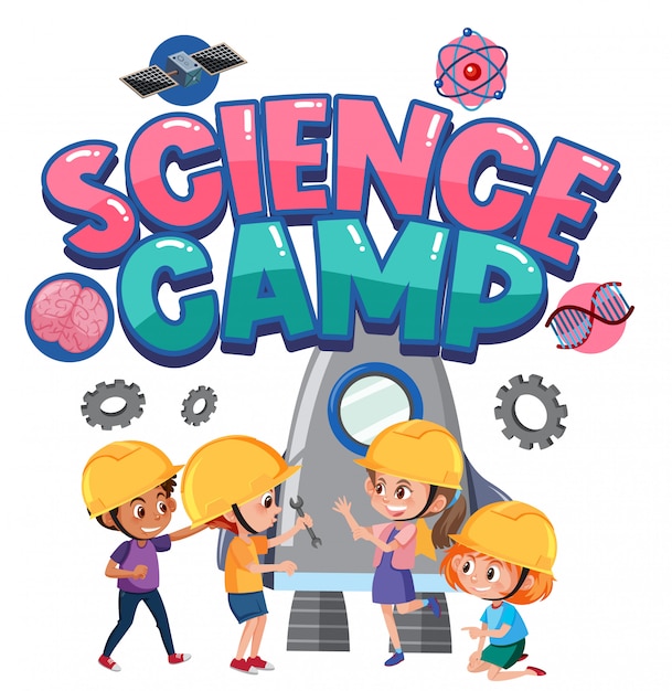 Science camp logo with children wearing engineer costume isolated