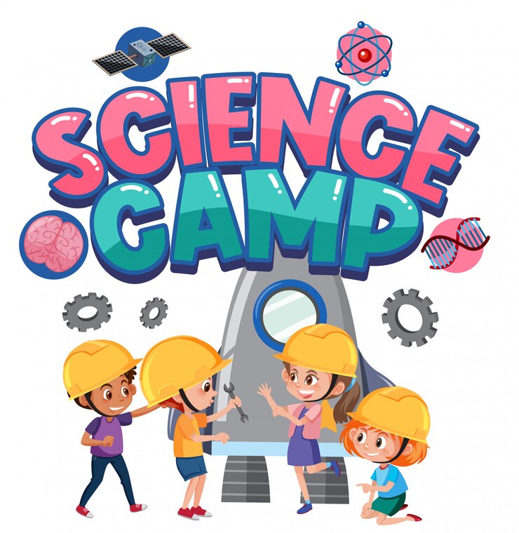 Vector science camp logo with children wearing engineer costume isolated