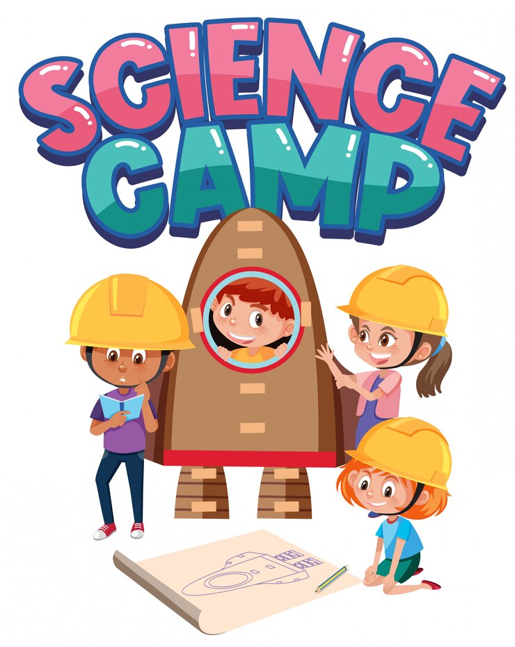 Vector science camp logo with children wearing engineer costume 