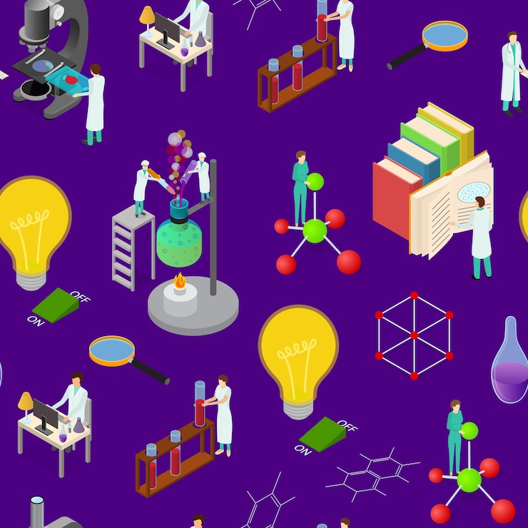 Vector science chemical pharmaceutical concept 3d isometric view seamless pattern background for web vector illustration of elements research laboratory