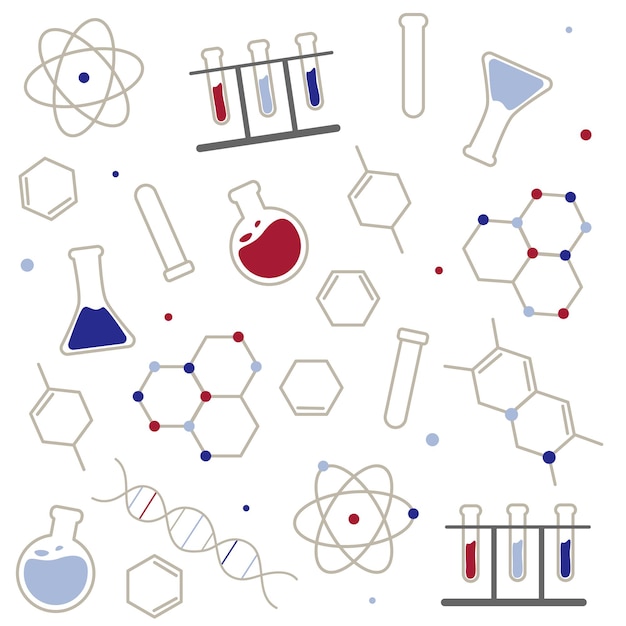 Vettore background scientifico e chimico con attrezzature di laboratorio e simboli chimici