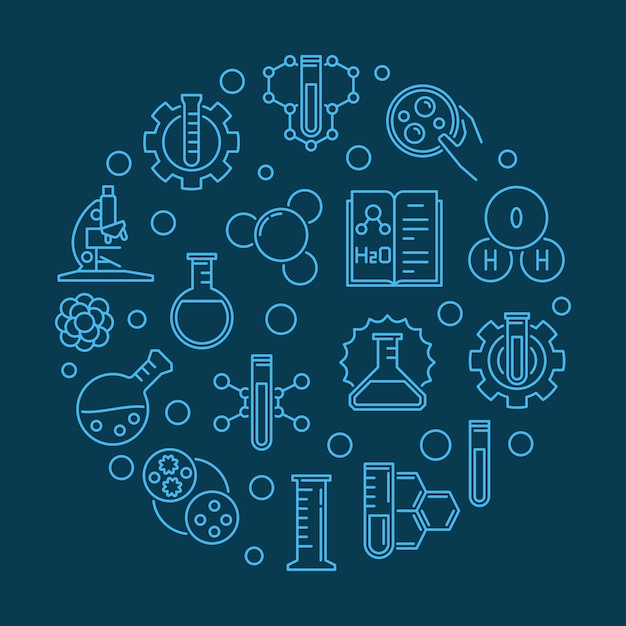 Vector science and chemistry  round blue outline illustration