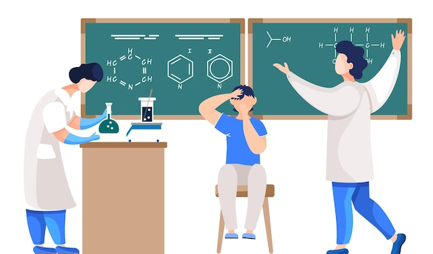 ベクトル 化学の先生科学の教授黒板の近くに立って学校大学大学の実験室の教室で学生を教えています 椅子に座っている漫画の男の子