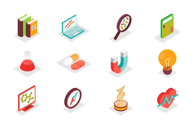 Science concept 3d isometric icons set vector illustration in modern isometry design