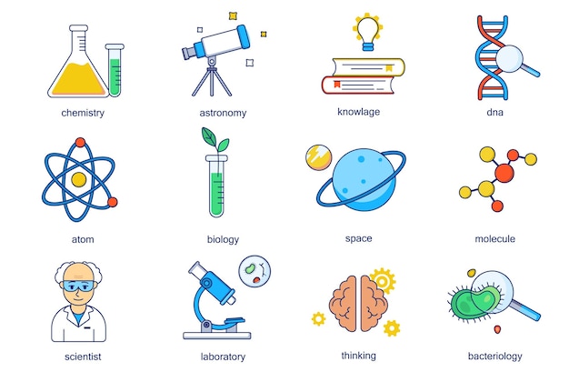 Set di icone della linea di concetti scientifici pack contorno pittogrammi di chimica astronomia conoscenza biologia atomica