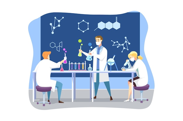 Vector science, coronavirus, chemistry, medical vaccine concept. team of men and woman doctors in medical face mask creates vaccine from covid19. scientific test and academic research 2019ncov infection.