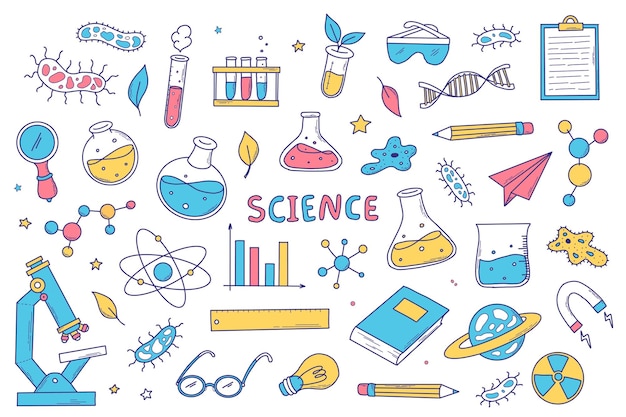 Vector science doodles set cartoon elements clip art for stickers planners scrapbooking