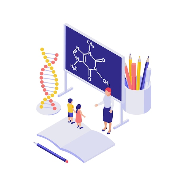 Vector science education isometric concept with dna model board teacher pupils 3d illustration