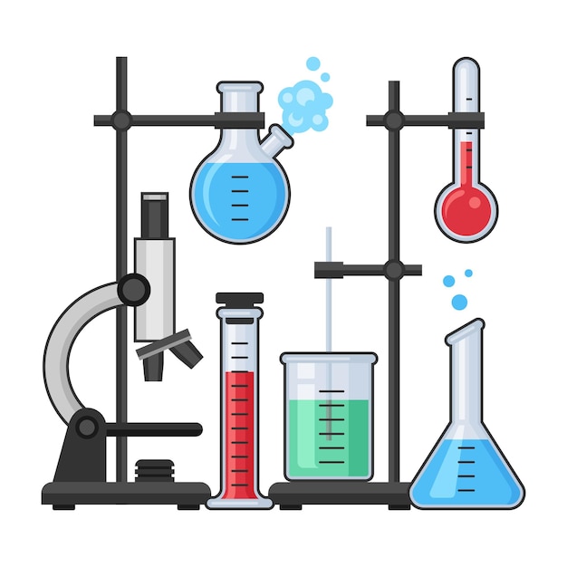 현미경, 테스트 유리 튜브 및 플라스크와 화학 실험실에서 과학 장비.