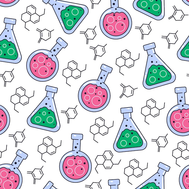 Vettore laboratorio di esperimenti scientifici doodle line art seamless pattern astratto concetto