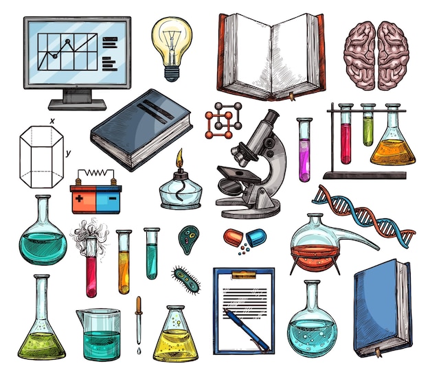 Vector science experiment or laboratory research sketches