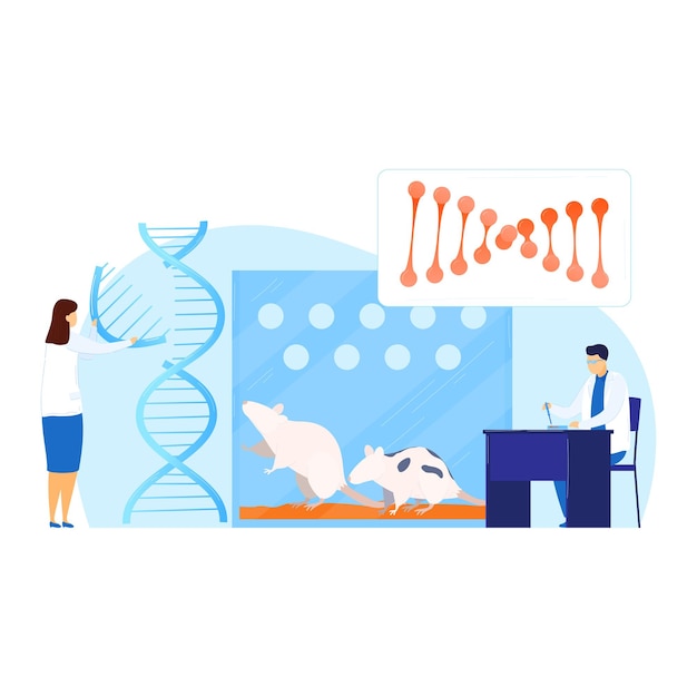 Vettore esperimento scientifico con dna di ratto nell'illustrazione vettoriale del laboratorio di medicina ricerca biologica mediante test chimico piatto in laboratorio microscopio piatto