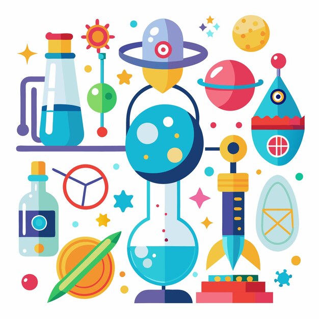 Vector science experiment with rocket planets and stars