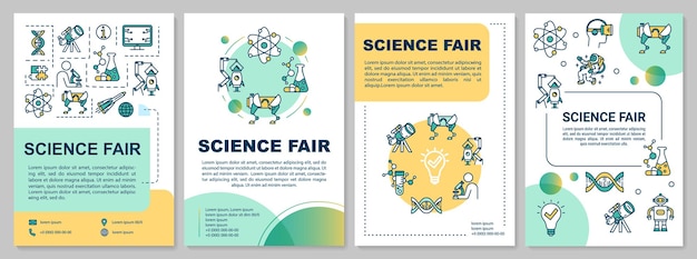 Modello dell'opuscolo della fiera della scienza. ricerca universitaria. volantino, opuscolo, stampa di volantini, copertina con icone lineari. layout di pagina vettoriale per riviste, relazioni annuali, manifesti pubblicitari