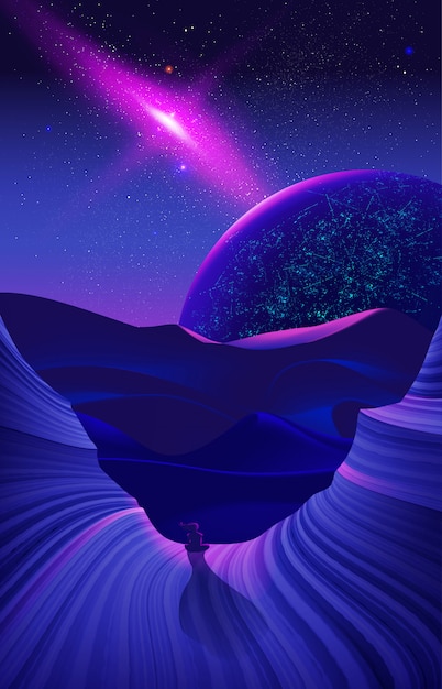 Vector science fiction illustration of desert art at night time