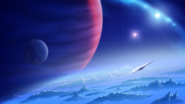 Vector 宇宙船の空想科学小説のイラストが宇宙の未知の惑星から飛んでいます