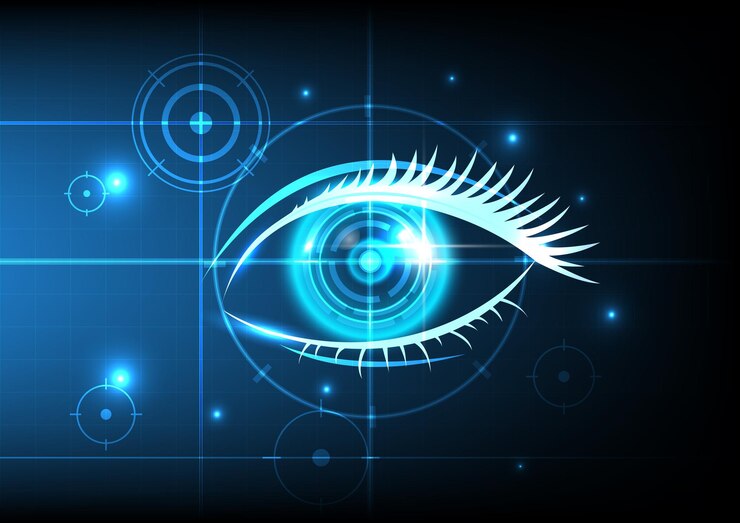 Vector science fiction interface futuristic technology of eye cyber security concept abstract hi speed digital internet background motion move and target locked
