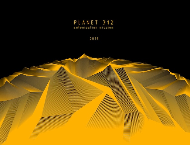 Science fiction vector cosmic illustration, space fantastic planet 3d line drawing. Usable as abstract background with copy space for title and text.