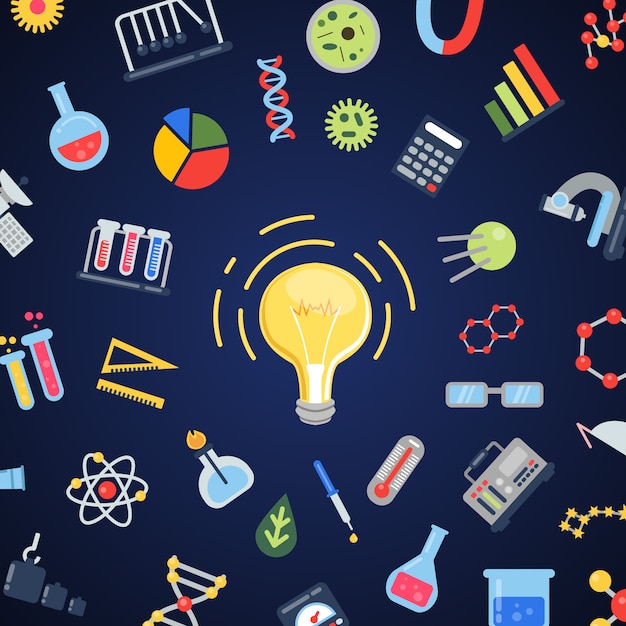 Vector science icons flying around lightbulb