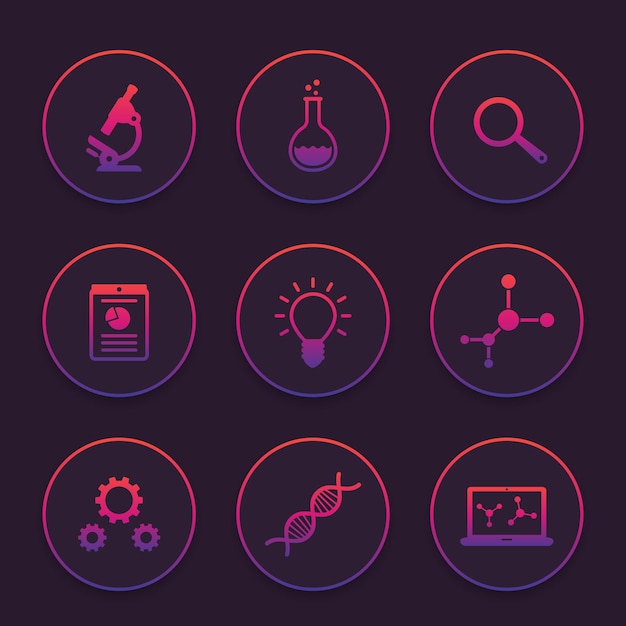 Science icons set, research, laboratory, microscope, dna chain, lab glass, molecule, survey, vector illustration