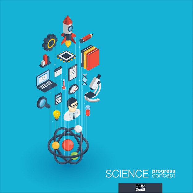 Science integrated  web icons. digital network isometric progress concept. connected graphic  line growth system. abstract background for laboratory research and innovation.  infograph