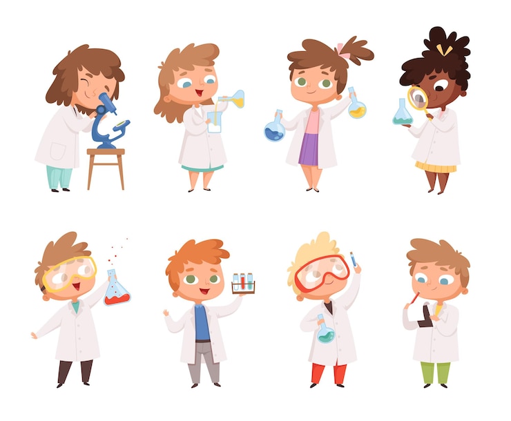 Vector science kids. childrens in chemistry lab boys and little girls  funny people.