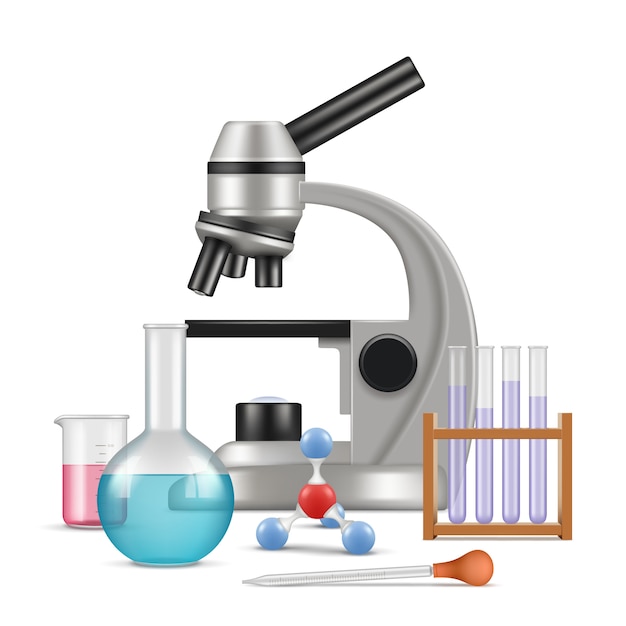 Vettore laboratorio scientifico 3d. gli articoli di fisica della biologia per prove ed esperimenti nella composizione realistica di vettore dei tubi di vetro del microscopio da laboratorio