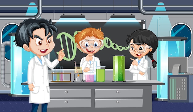 Vector science laboratory for chemical experiments with scientist