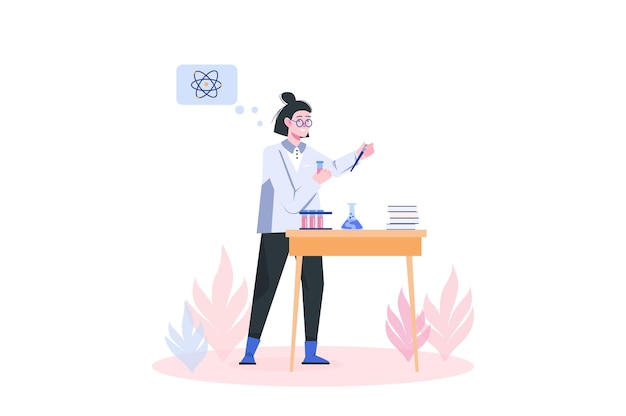 Science laboratory concept with people scene in flat cartoon design Girl performs chemical