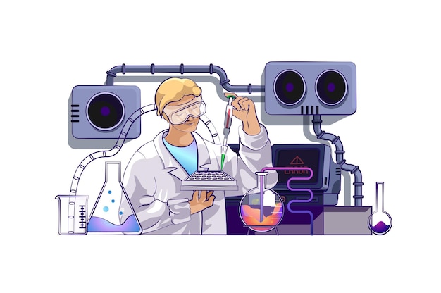 Science laboratory concept with people scene in flat cartoon design for web Scientist makes chemical test in flasks working in lab Vector illustration for social media banner marketing material