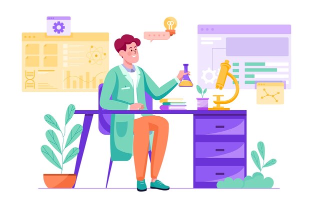 Science laboratory purple concept with people scene in the flat cartoon style