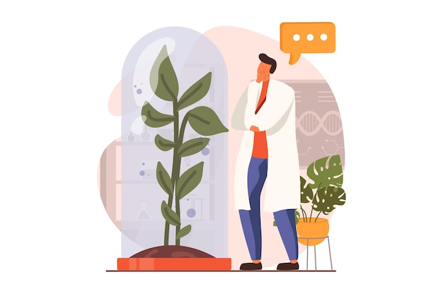 Vector science laboratory web concept in flat design man scientist is examining huge plant in lab biologist doing biotechnology research and agriculture engineering vector illustration with people scene