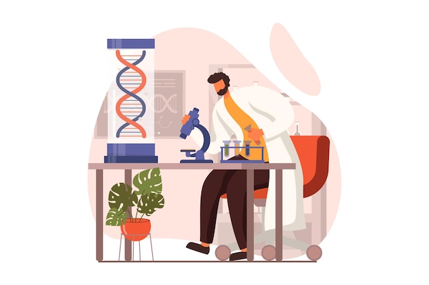 Vector science laboratory web concept in flat design man scientist making test on microscope and examines dna molecule on lab equipment microbiology and genetic vector illustration with people scene