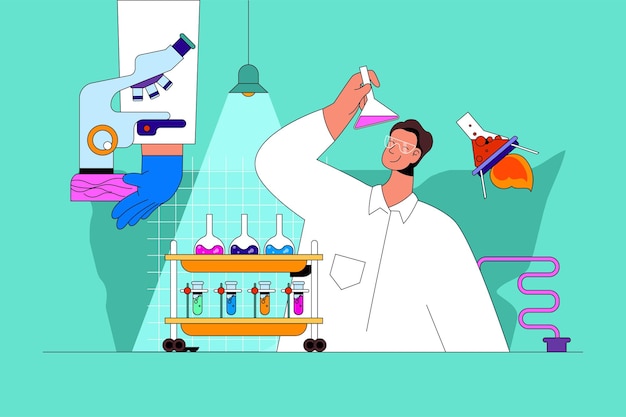 Vector science laboratory web concept with character scene scientist making chemical reaction in flasks and monitoring process people situation in flat design vector illustration for marketing material