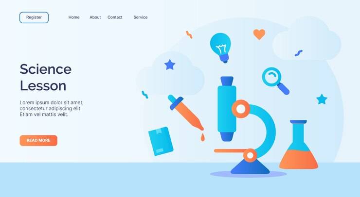 Vector science lesson microscope pipette tube chemical icon campaign for web website home homepage landing template banner with cartoon flat style.