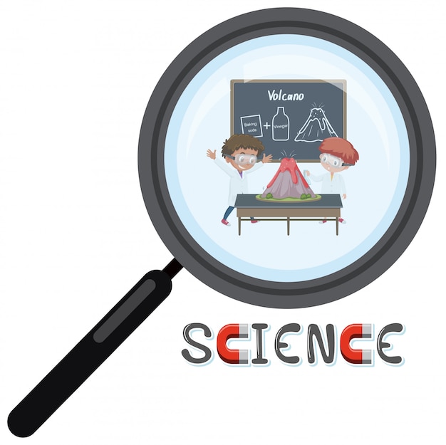 Science logo with scientist in magnifying glass