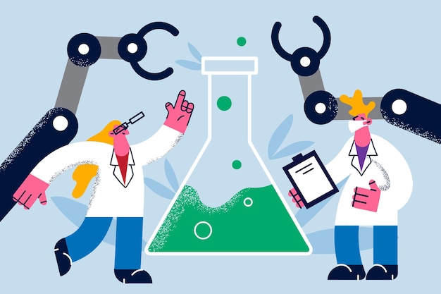 Science, making laboratory research concept. Two young scientists man and woman standing making research with huge flask in lab together vector illustration