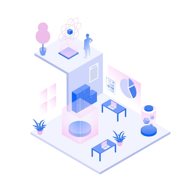 Science office isometric metaverse illustration