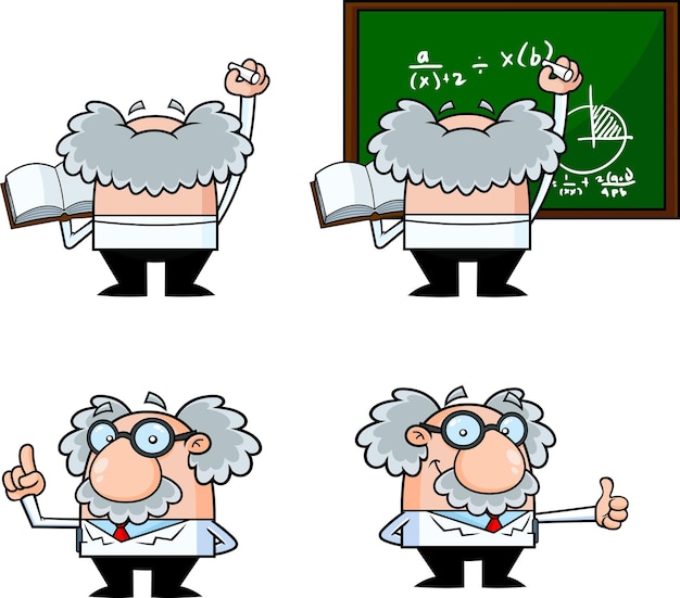 科学教授漫画のキャラクターは、白い背景で隔離のベクトルコレクションセットをポーズします。