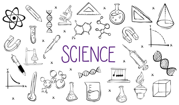science related illustrations and doodles over a white background