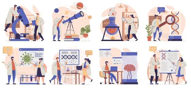 Vector science research collection of scenes isolated people conduct tests study molecules