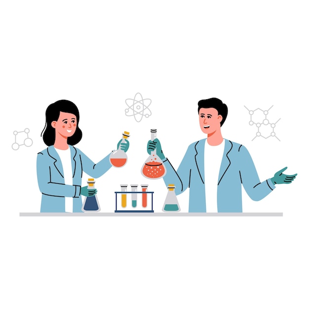 Science research concept young man and woman with flasks make discoveries in field of chemistry