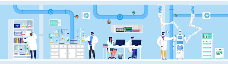 Vector science research in laboratory   illustration, cartoon flat people scientists make lab experiment, work on computer, analysis equipment
